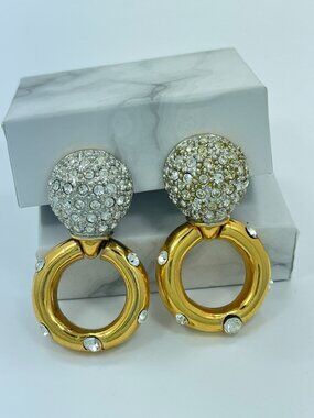 Vintage Gold Tone Door Knocker Rhinestone Clip On Statement Earrings